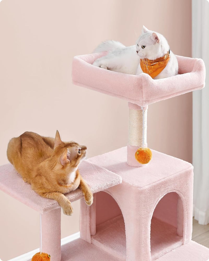 FEANDREA Cat Tree Height 143 cm, Play Tower for Cats with 4 Scratching Posts and 2 Platforms, 1 Kennel, 1 Hammock, 2 Tassels, Plush Fabric, Multi-Level, Candy Pink PCT161P01 - Image 3