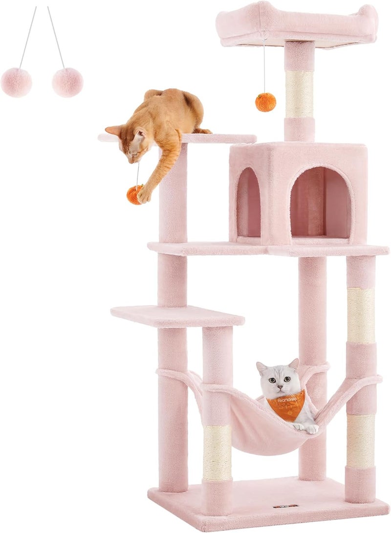 FEANDREA Cat Tree Height 143 cm, Play Tower for Cats with 4 Scratching Posts and 2 Platforms, 1 Kennel, 1 Hammock, 2 Tassels, Plush Fabric, Multi-Level, Candy Pink PCT161P01 - Image 1