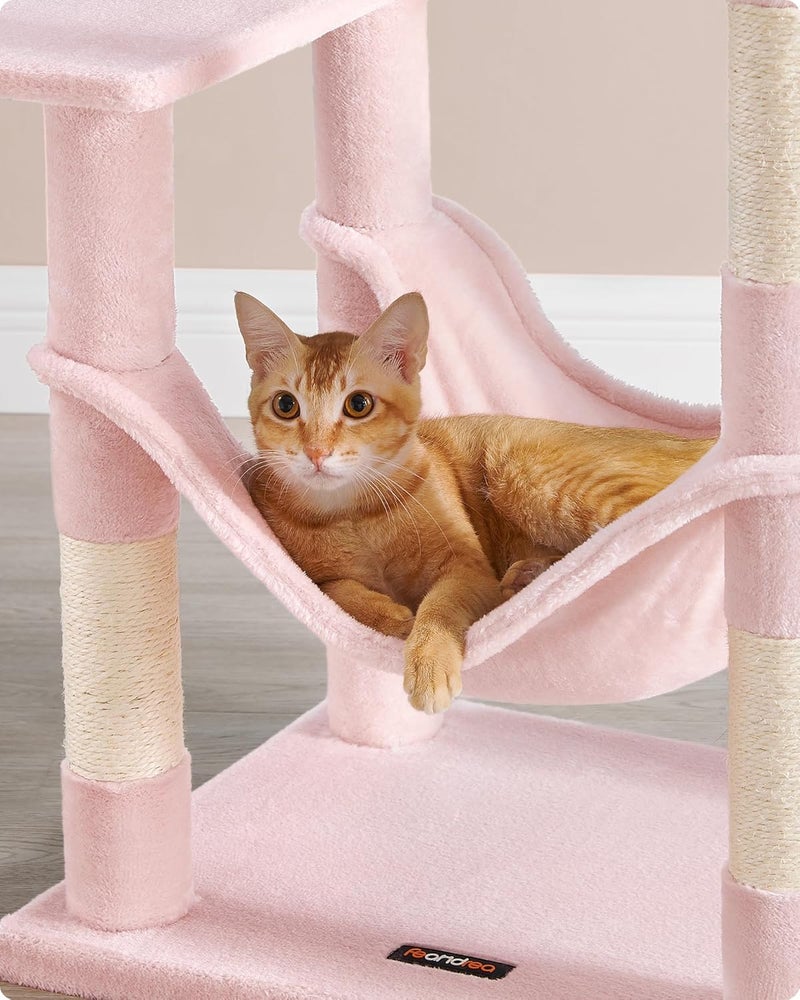 FEANDREA Cat Tree Height 143 cm, Play Tower for Cats with 4 Scratching Posts and 2 Platforms, 1 Kennel, 1 Hammock, 2 Tassels, Plush Fabric, Multi-Level, Candy Pink PCT161P01 - Image 4