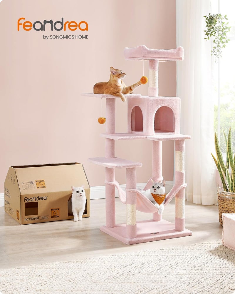 FEANDREA Cat Tree Height 143 cm, Play Tower for Cats with 4 Scratching Posts and 2 Platforms, 1 Kennel, 1 Hammock, 2 Tassels, Plush Fabric, Multi-Level, Candy Pink PCT161P01 - Image 2