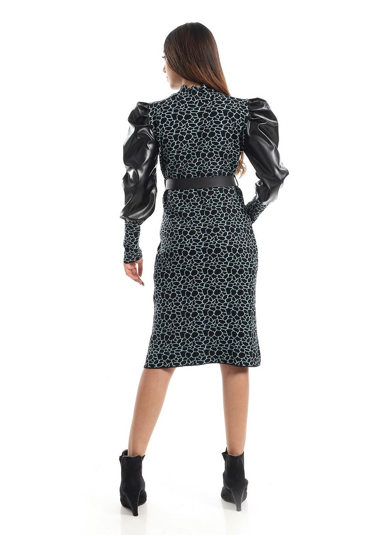 Caesar - WomenCasual Wool Short dressWith Leather Sleeves And Belt - Image 1