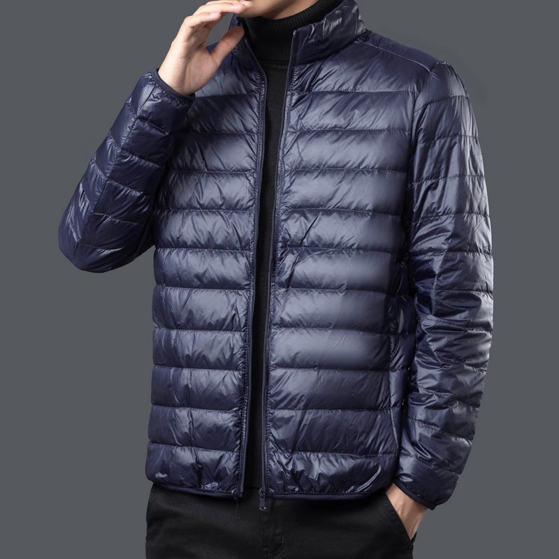 Winter Lightweight fleece-lined Cotton-padded Jacket Mens Short plus size Casual Collar Warm Top Mens Cotton-padded Jacket for Dad Navy blue - Image 1