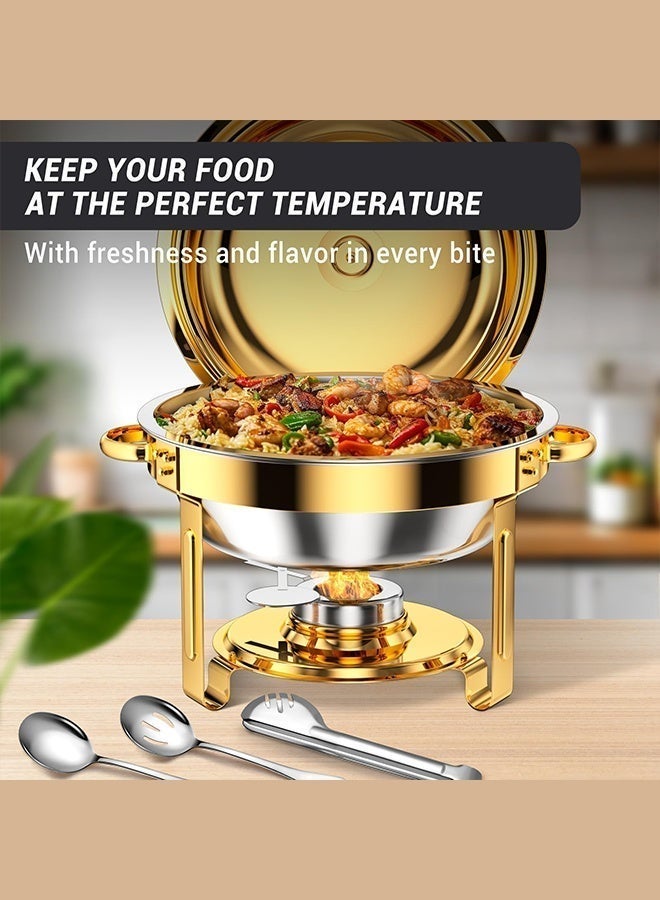 هاهاهاي مجموعة بوفيه من الفولاذ المقاوم للصدأ ذهبية اللون مع غطاء وخطاف، قدر ساخن، صينية لتسخين الطعام للتموين، حفلات الزفاف، المآدب، والفنادق، سخان بوفيه أنيق مطلي بالذهب مع حامل وقود 4.5 لتر - Image 2