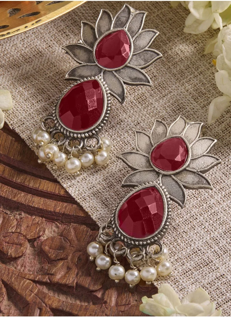 Priyaasi Plated Ruby Studded Floral Oxidised Drop Earrings