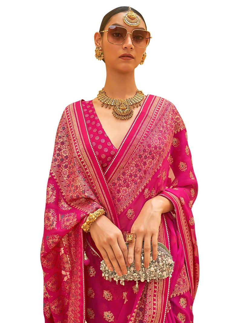 SAREE MALL Women's Woven Design Organza Saree With Unstitched Regular Fit Blouse Piece,Pink - Image 1