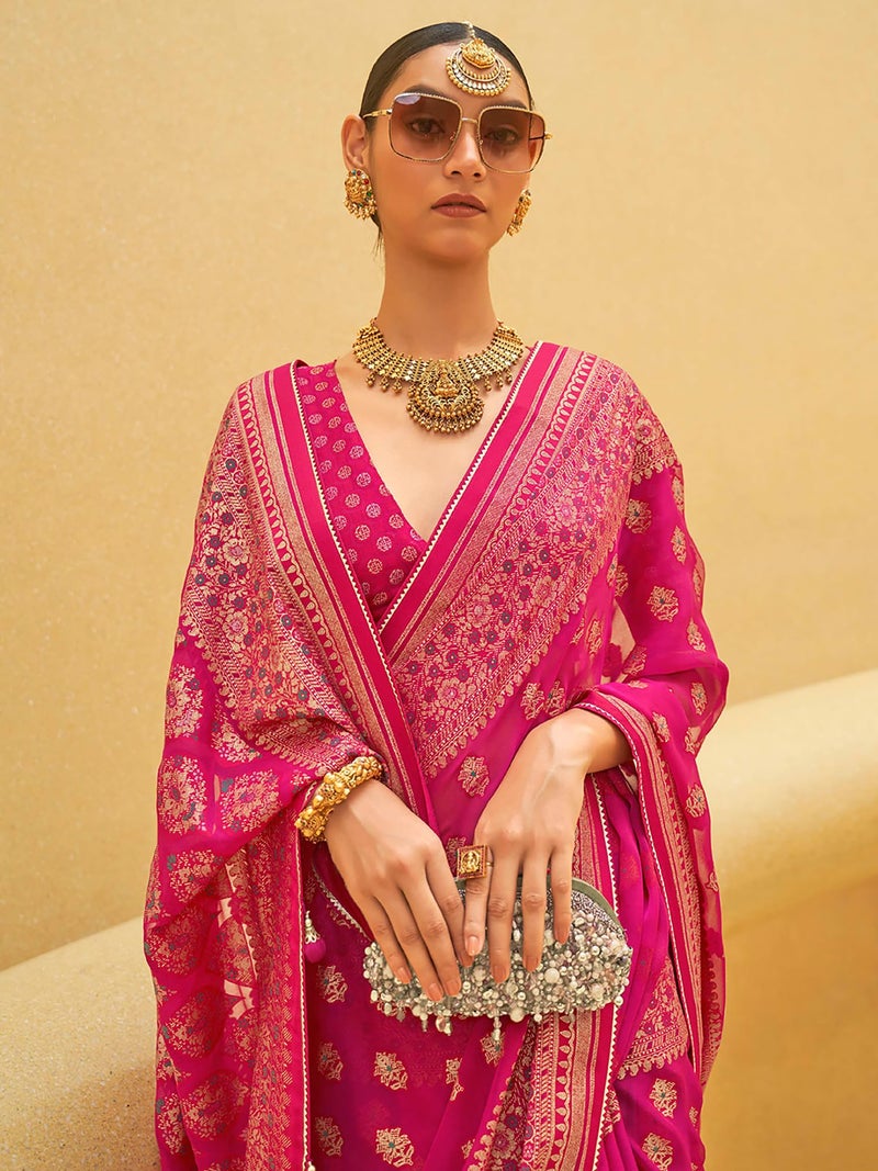 SAREE MALL Women's Woven Design Organza Saree With Unstitched Regular Fit Blouse Piece,Pink - Image 3