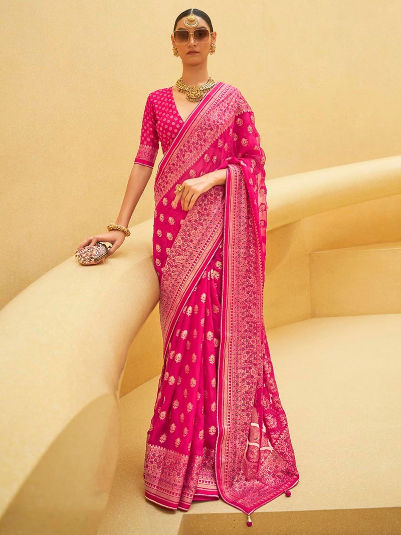 SAREE MALL Women's Woven Design Organza Saree With Unstitched Regular Fit Blouse Piece,Pink - Image 2
