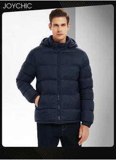 Men's Down Jackets & Coats Lightweight Light Full Zip Up Puffy Puff Bubble Insulated Winter Warm Hooded Coat Outdoor Travel Slim Fit Puffer Jacket with Hood Navy Blue