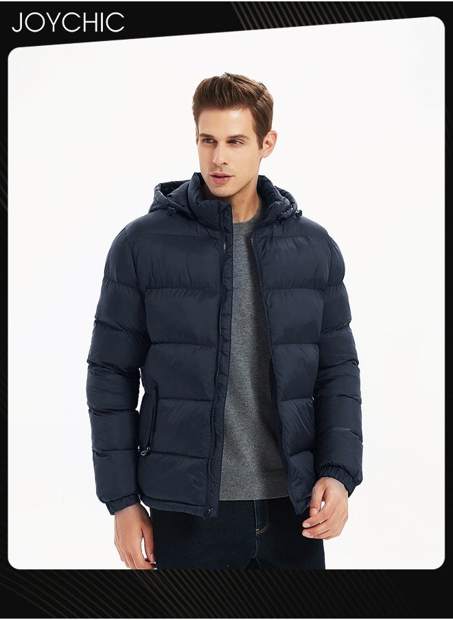 Joychic - Men's Down Jackets & Coats Lightweight Light Full Zip Up Puffy Puff Bubble Insulated Winter Warm Hooded Coat Outdoor Travel Slim Fit Puffer Jacket with Hood Navy Blue - Image 1