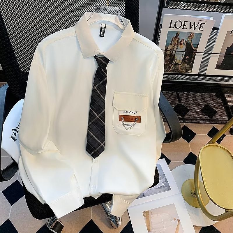 Mens Spring and Autumn Tops, Trendyy Loose Shirts, Preppy Style Uniforms, Ties, Long-Sleeved Shirts with Ties Black - Image 2