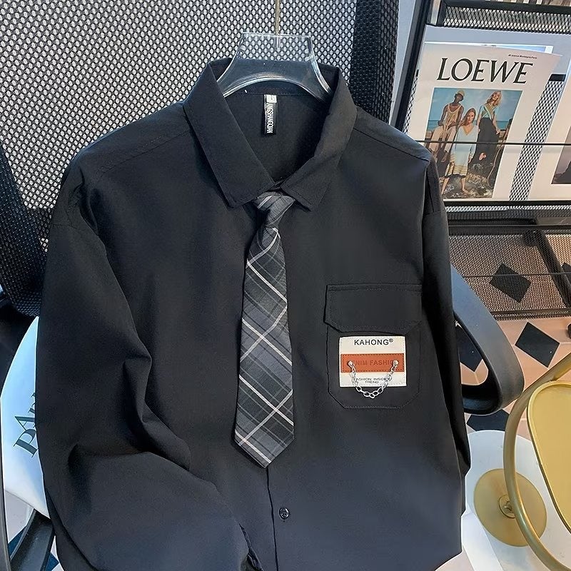 Mens Spring and Autumn Tops, Trendyy Loose Shirts, Preppy Style Uniforms, Ties, Long-Sleeved Shirts with Ties Black - Image 1