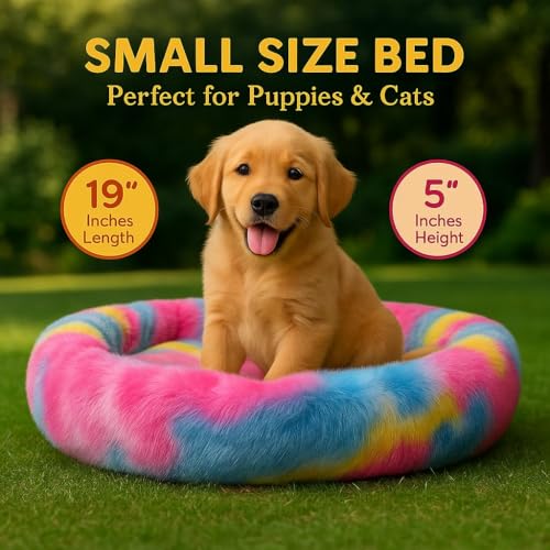 D&C PAWS Pets Calming Bed for Indoor Cats – Fluffy Round Faux Fur Pet Bed, Anti-Slip Base, Washable Cat and Small Dog Bed for Anxiety Relief (Small, 19-Inch Length) - Image 2