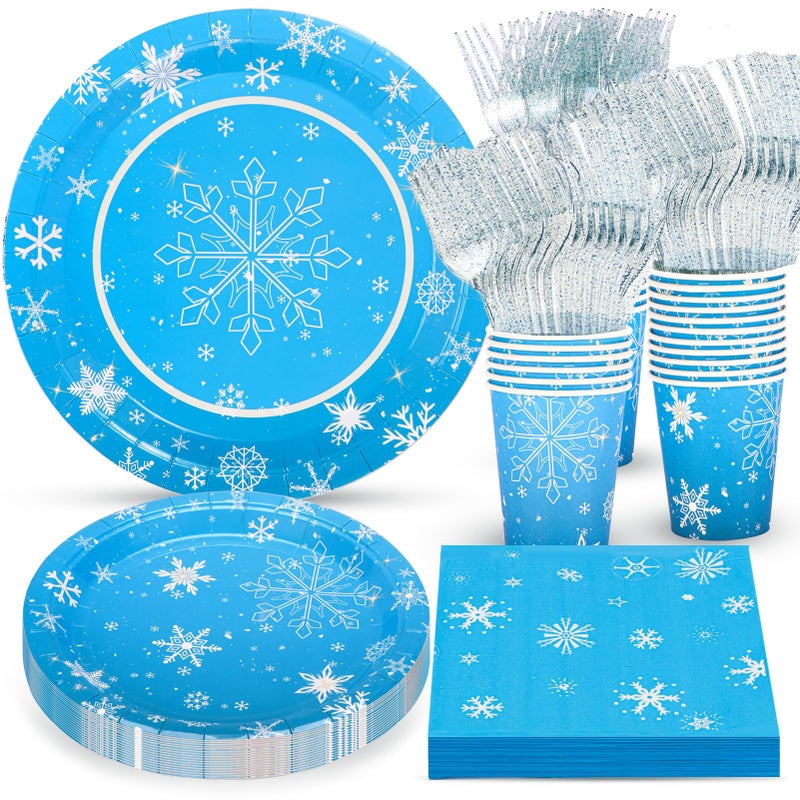 Atonofun Frozen Birthday Party Supplies Snowflake Plates and Napkins Cups and Forks Winter Wonderland Party Decorations for Baby Shower Birthday Snowflakes Themed Parties Serves 24