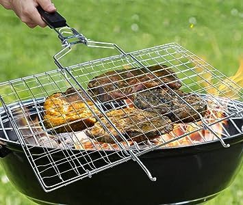 QUALIZA Stainless Steel BBQ Barbeque Fish Grill Net Basket with Wooden Handle - Image 3