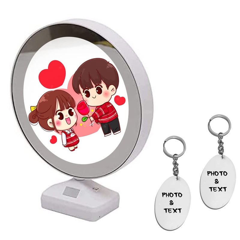 THEPRINTSHINE THEPRINTSHINE Customized Magic Mirror with LED Light Photo Frame with Free 2 Oval Shape Key Chain Home Dcor White Plastic Material Gifts for Special Occasion Bedroom and Bathroom Use