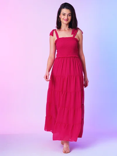 globus Women Pink Shoulder Straps Smocked Georgette Tiered Fit And Flare Maxi Dress