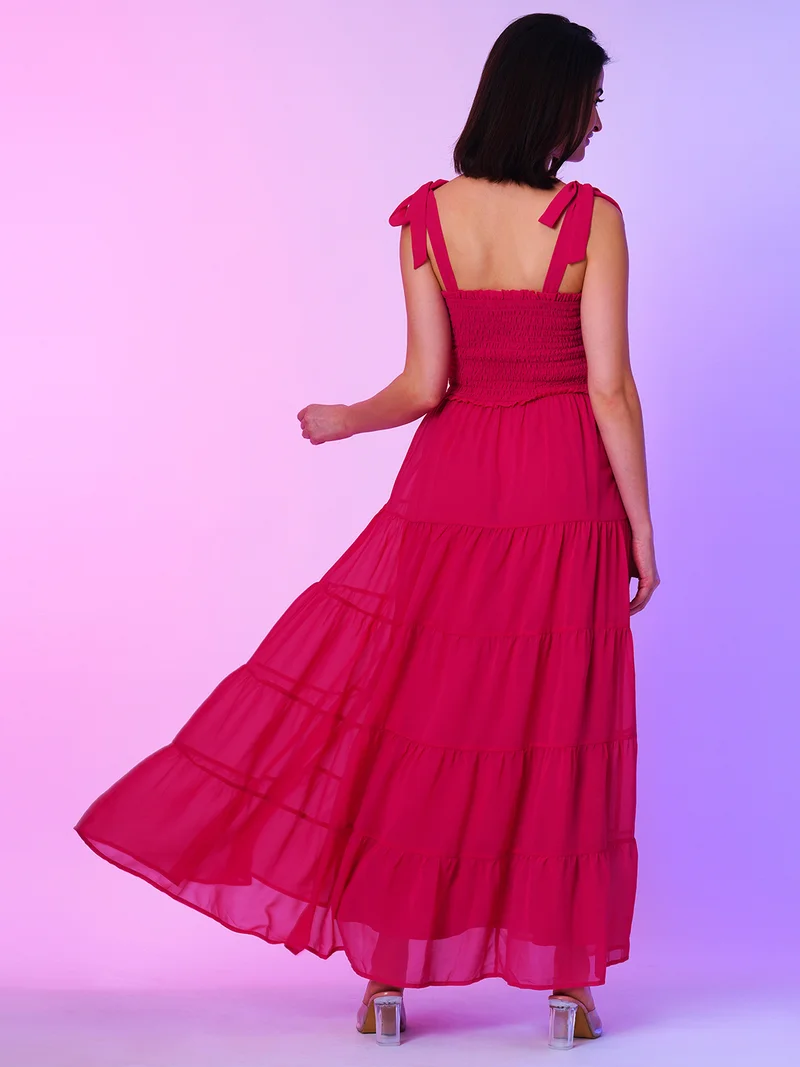 globus Women Pink Shoulder Straps Smocked Georgette Tiered Fit And Flare Maxi Dress