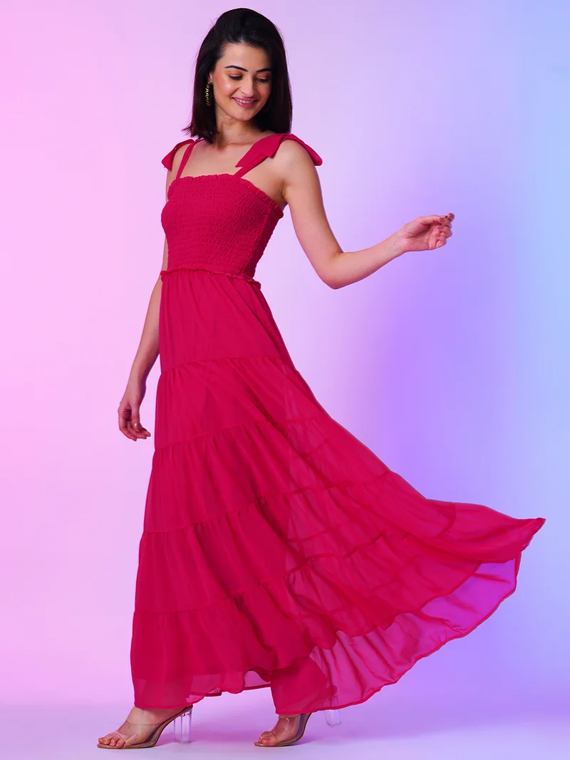 globus Women Pink Shoulder Straps Smocked Georgette Tiered Fit And Flare Maxi Dress