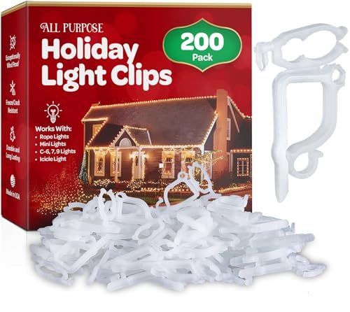 AllPurpose Holiday Light Clips Set of 200 Christmas Clips Outdoor Light Clips  Mount to Shingles  gutters  Works with Mini C6 C7 C9 Rope Icicle Lights  No Tools Required  USA Made