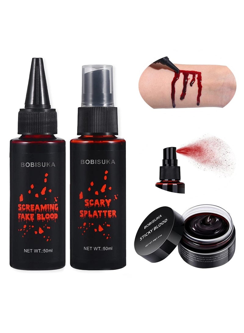 BOBISUKA BOBISUKA 3PCS Fake Blood Makeup Kit - Coagulated Blood 1.41oz + Fake Blood Spray 1.76oz + Dripping Blood 1.76oz, Realistic Washable SFX Makeup for Zombie Monster Mouth Clothes Dress Up - Image 1