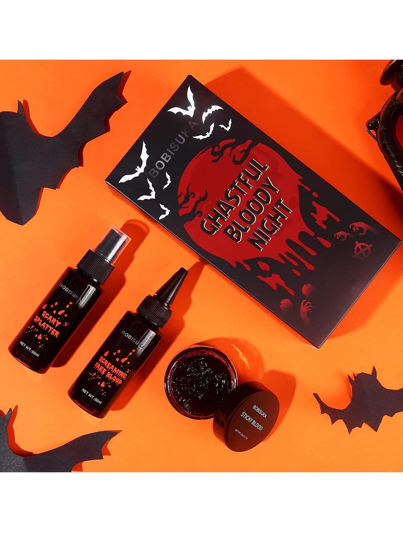 BOBISUKA BOBISUKA 3PCS Fake Blood Makeup Kit - Coagulated Blood 1.41oz + Fake Blood Spray 1.76oz + Dripping Blood 1.76oz, Realistic Washable SFX Makeup for Zombie Monster Mouth Clothes Dress Up - Image 2