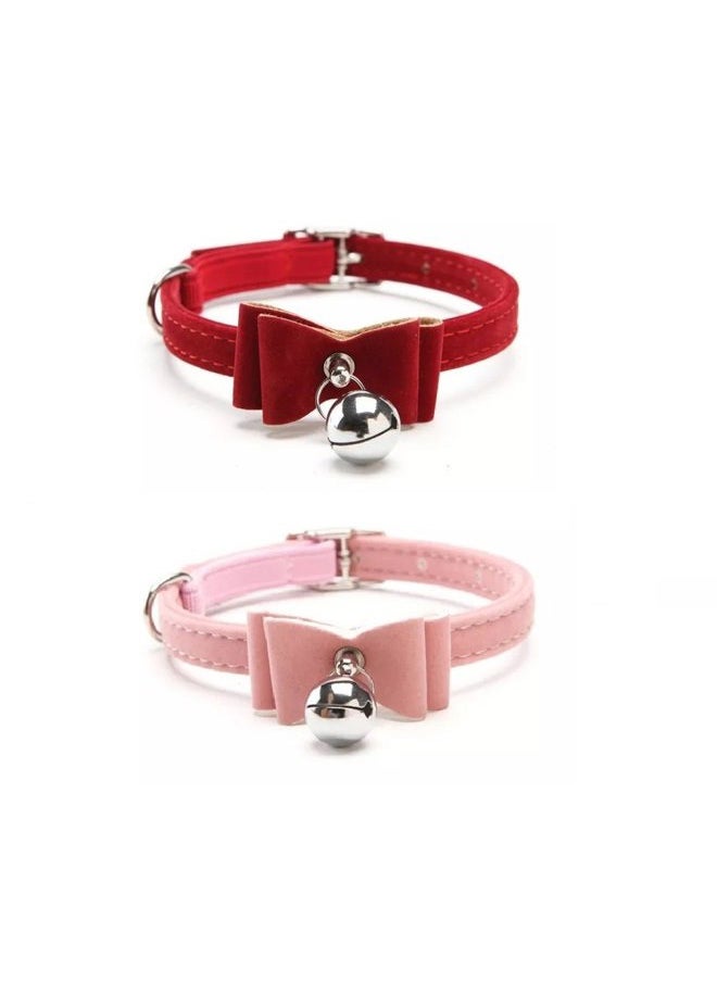 Stock Show 2Pcs Small Pet Velvet Bowknot Collar with Bell Adjustable PU Leather Cute Necklace Bow Tie for Cat Kitten Kitty Dog Puppy, Pink&Red  - Image 1