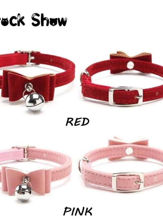 Stock Show 2Pcs Small Pet Velvet Bowknot Collar with Bell Adjustable PU Leather Cute Necklace Bow Tie for Cat Kitten Kitty Dog Puppy, Pink&Red  - Image 5