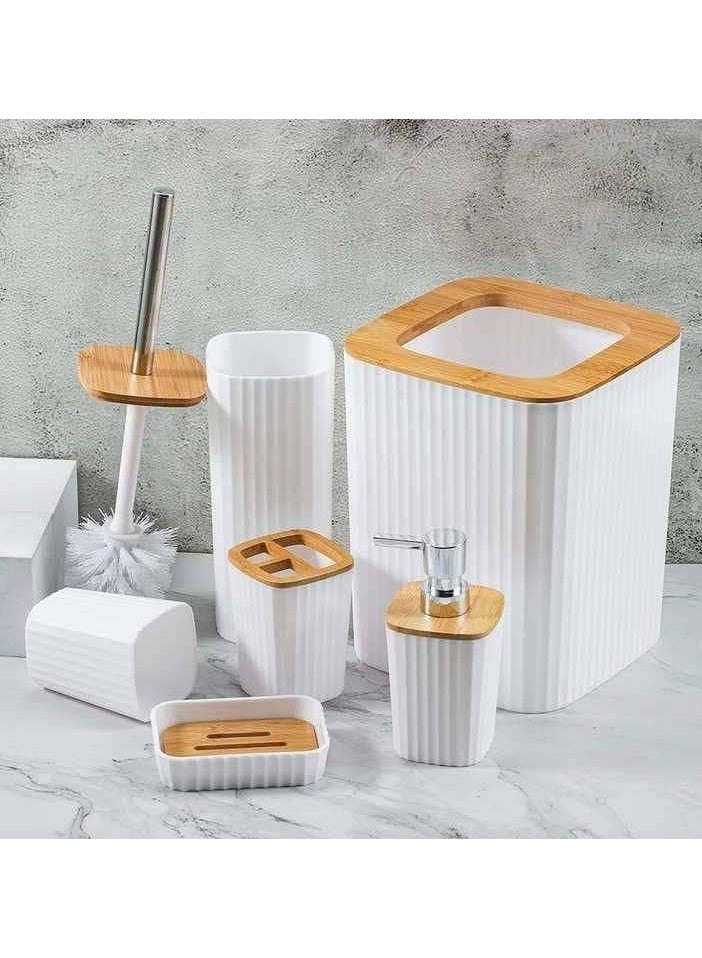 Homita 6 Piece Bamboo Bathroom Accessory Set Includes Toothbrush Cup, Toothbrush Holder, Soap Dispenser, Soap Dispenser, Toilet Brush with Holder, Waste Bin (Multicolor Square Design) - Image 2