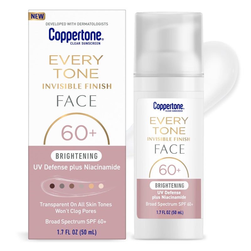 Coppertone كوبيرتون كل لون لمسة غير مرئية واقي شمس للوجه مع حماية من الأشعة فوق البنفسجية SPF 60+ مع النياسيناميد، خفيف الوزن، يندمج بشكل واضح واقي شمس لجميع ألوان البشرة، 1.7 أونصة سائلة زجاجة مضخة - Image 1