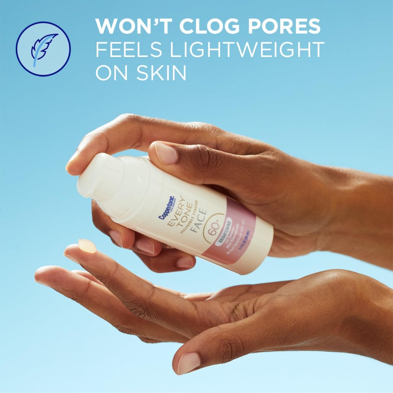 Coppertone كوبيرتون كل لون لمسة غير مرئية واقي شمس للوجه مع حماية من الأشعة فوق البنفسجية SPF 60+ مع النياسيناميد، خفيف الوزن، يندمج بشكل واضح واقي شمس لجميع ألوان البشرة، 1.7 أونصة سائلة زجاجة مضخة - Image 3