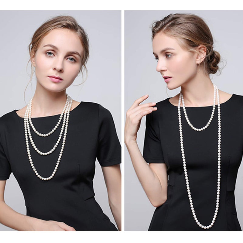 Aisansty Long Pearl Necklace for Women Layered Cream White Faux Pearl Beads Strand Necklace Costume Jewelry,Diameter Pearl 7MM,69" - Image 2
