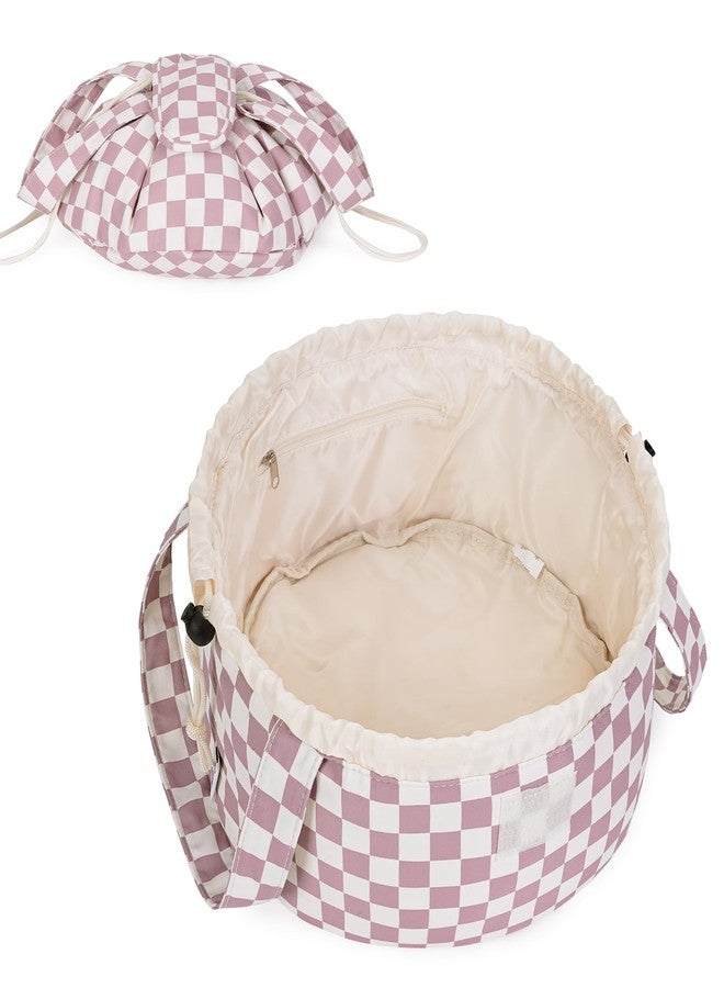 Narwey Barrel Drawstring Checkered Makeup Bag Large Cosmetic Bag Make up Bags Toiletry Bag Travel Bags for Toiletries Organizer for Women Gift for Teen Girls (Dusty Rose Checkerboard) (Patent) - Image 1