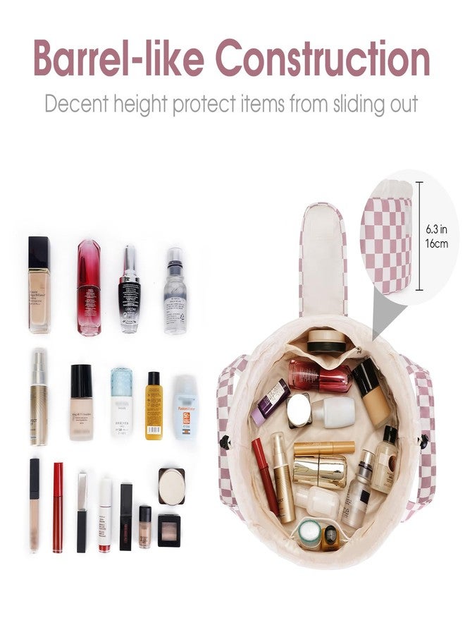 Narwey Barrel Drawstring Checkered Makeup Bag Large Cosmetic Bag Make up Bags Toiletry Bag Travel Bags for Toiletries Organizer for Women Gift for Teen Girls (Dusty Rose Checkerboard) (Patent) - Image 2