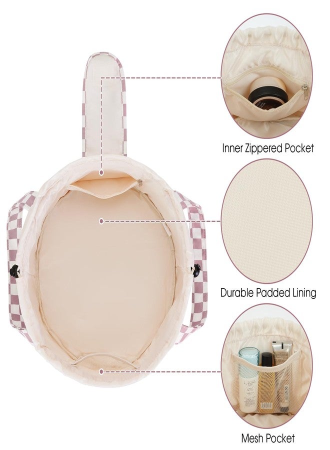 Narwey Barrel Drawstring Checkered Makeup Bag Large Cosmetic Bag Make up Bags Toiletry Bag Travel Bags for Toiletries Organizer for Women Gift for Teen Girls (Dusty Rose Checkerboard) (Patent) - Image 5