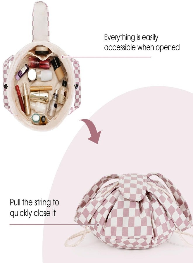 Narwey Barrel Drawstring Checkered Makeup Bag Large Cosmetic Bag Make up Bags Toiletry Bag Travel Bags for Toiletries Organizer for Women Gift for Teen Girls (Dusty Rose Checkerboard) (Patent) - Image 3
