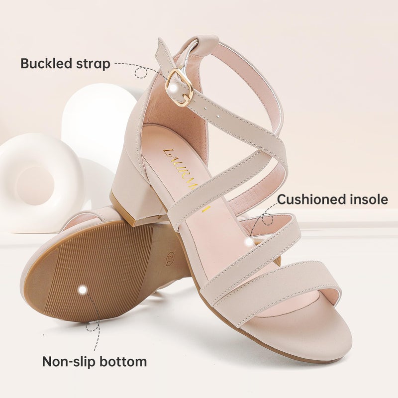 LAURMOSA Girls Sandals Dress Shoes Open Toe Heels High Strap Heels for Kids Fashion Shoes for Flower Wedding Party Graduation Sandals for Little Big Kids (L1009 Nu Nude 4) - Image 4