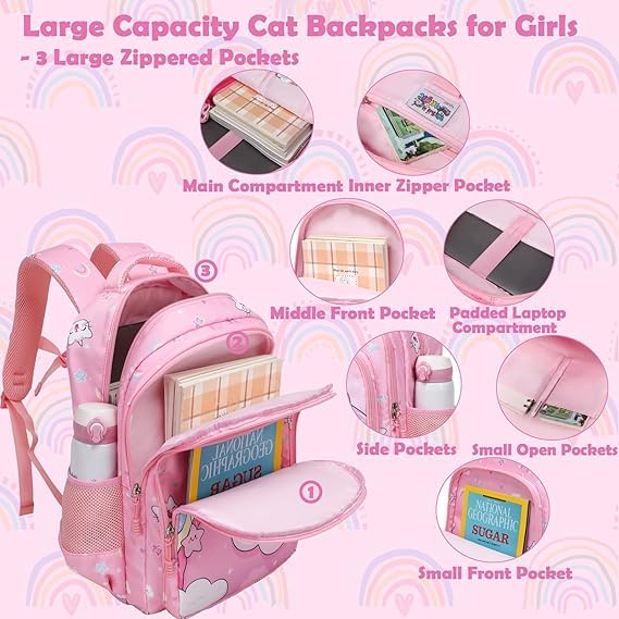 Frantic Waterproof Polyester 26 L School Backpack School Bag Daypack Picnic Bag For Boys & Girls(RR_Pink_Star_Cat) - Image 3