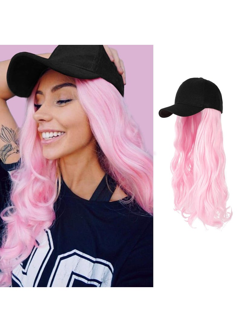 AynnQueen AynnQueen Baseball Cap with Hair Extensions for Women Adjustable Hat with Synthetic Wig Attached 24inch Long Wavy Hair Black Baseball Cap Light Pink 