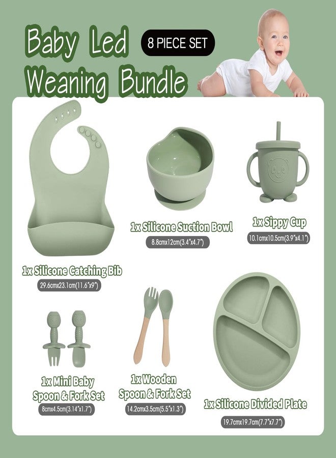 Catvegue Baby Led Weaning Supplies, 8 Piece BPA-Free Silicone Feeding Set, Silicone Suction Bowl, Forks & Spoons, Bib & Cup, Develops Self Feeding Skills, Dishwasher Safe, for 6+ Months (Green) - Image 2