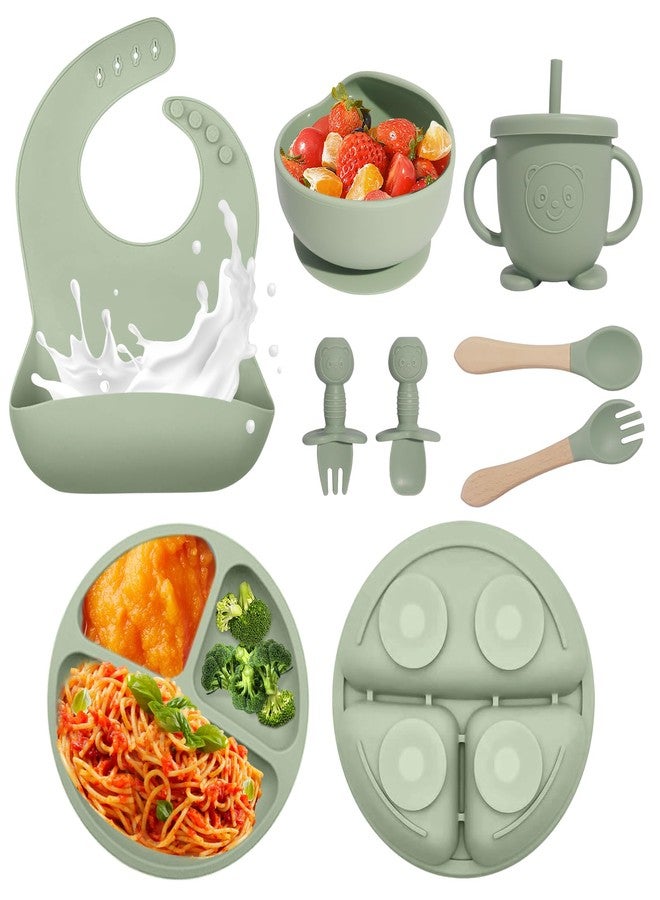 Catvegue Baby Led Weaning Supplies, 8 Piece BPA-Free Silicone Feeding Set, Silicone Suction Bowl, Forks & Spoons, Bib & Cup, Develops Self Feeding Skills, Dishwasher Safe, for 6+ Months (Green) - Image 1