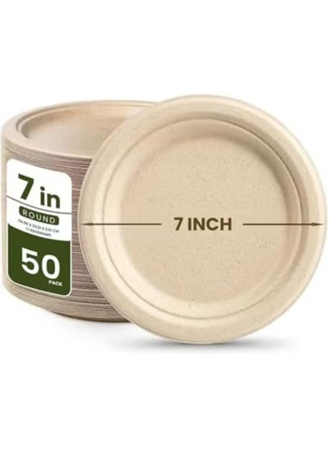 [7 INCH ROUND PLATE PACK OF 50] NATURAL COLOR - DISPOSABLE PLATES MADE WITH BAGASSE SUGAR CANES MICROWAVE & FREEZE SAFE, COMPOSTABLE & BIODEGRADABLE DINNER PLATES, STRONG EVERYDAY TABLEWARE