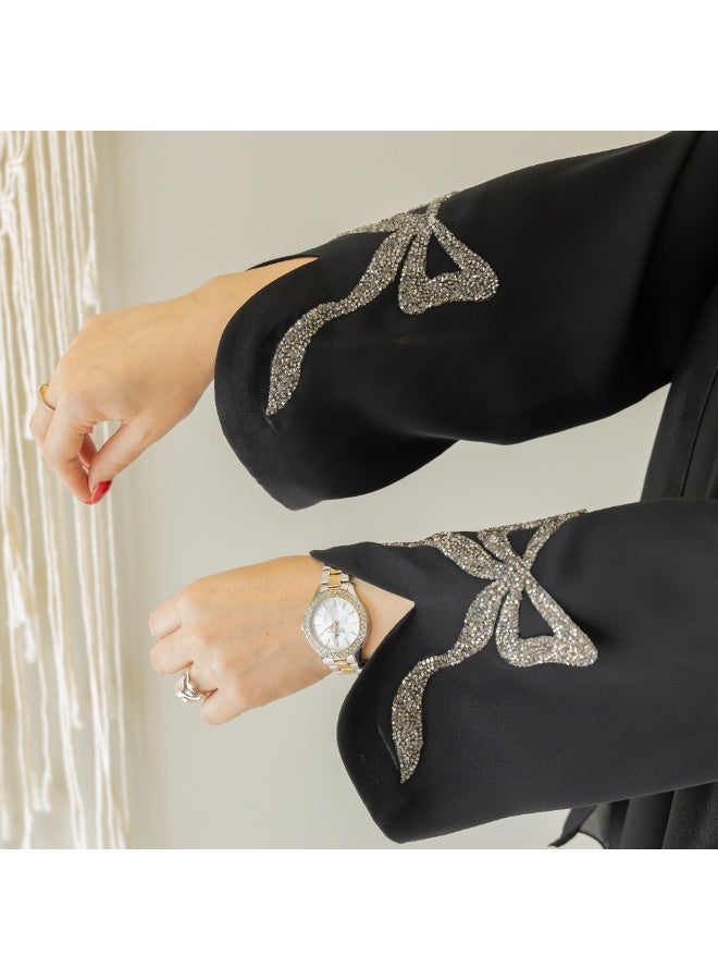 Linelle Luxury Black Abaya for Women – Buttoned Front, Wide Flowing Sleeves with Stone Bow Detailing, Modest Daily and Occasion Wear - Image 2