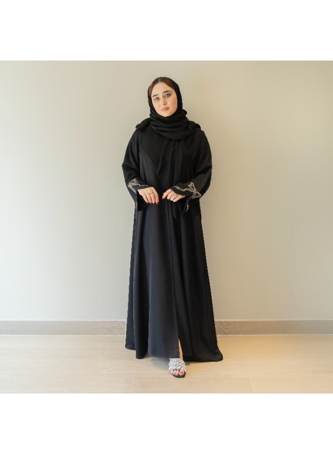 Linelle Luxury Black Abaya for Women – Buttoned Front, Wide Flowing Sleeves with Stone Bow Detailing, Modest Daily and Occasion Wear - Image 3