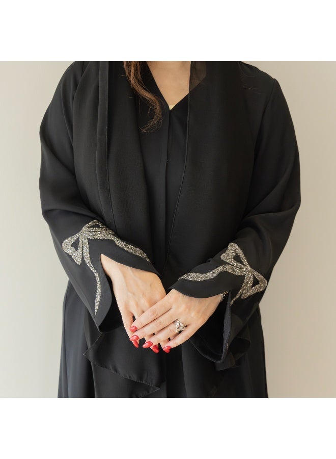 Linelle Luxury Black Abaya for Women – Buttoned Front, Wide Flowing Sleeves with Stone Bow Detailing, Modest Daily and Occasion Wear - Image 1