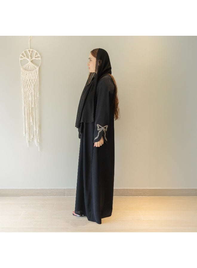 Linelle Luxury Black Abaya for Women – Buttoned Front, Wide Flowing Sleeves with Stone Bow Detailing, Modest Daily and Occasion Wear - Image 4