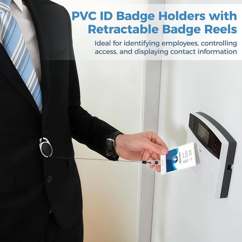 50 Pcs ID Badge Holders with Retractable Reels, Vertical PVC Clear Card Cover, 4.72 x 3.19 in Size, 24 in Retracting Cord and Heavy Duty Metal Clip, for Business Office Access Cards - Image 3