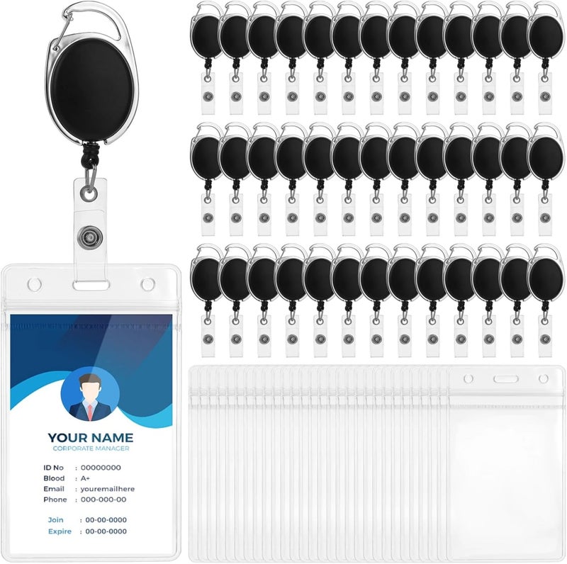 50 Pcs ID Badge Holders with Retractable Reels, Vertical PVC Clear Card Cover, 4.72 x 3.19 in Size, 24 in Retracting Cord and Heavy Duty Metal Clip, for Business Office Access Cards - Image 1