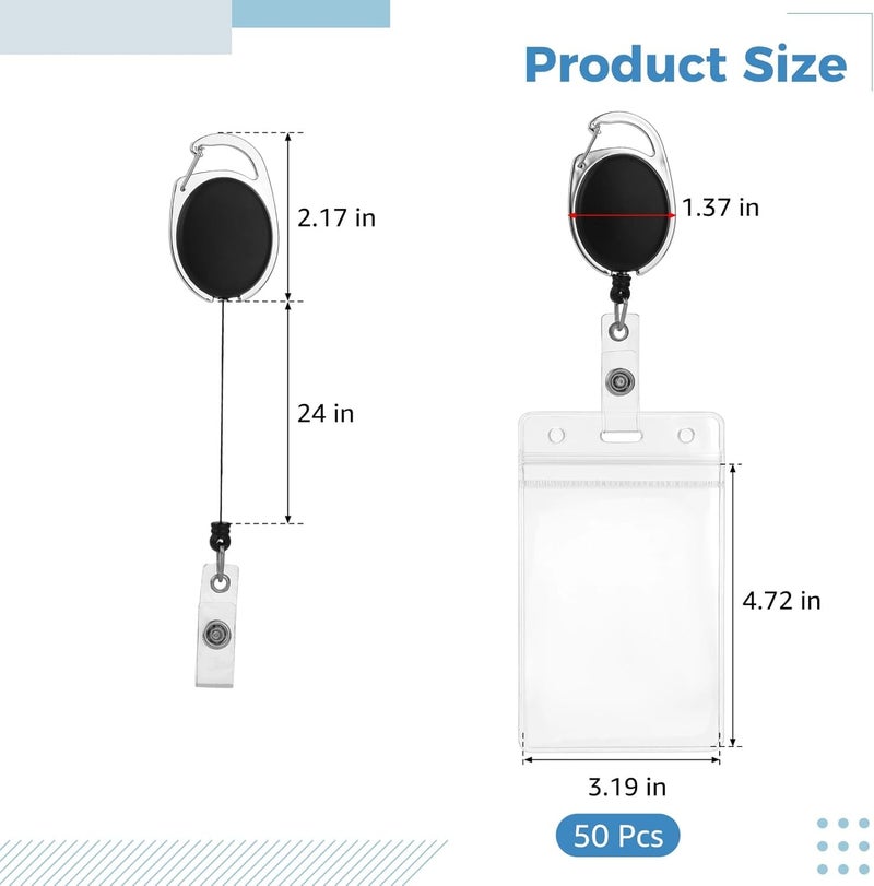 50 Pcs ID Badge Holders with Retractable Reels, Vertical PVC Clear Card Cover, 4.72 x 3.19 in Size, 24 in Retracting Cord and Heavy Duty Metal Clip, for Business Office Access Cards - Image 4