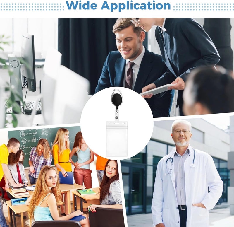 50 Pcs ID Badge Holders with Retractable Reels, Vertical PVC Clear Card Cover, 4.72 x 3.19 in Size, 24 in Retracting Cord and Heavy Duty Metal Clip, for Business Office Access Cards - Image 2