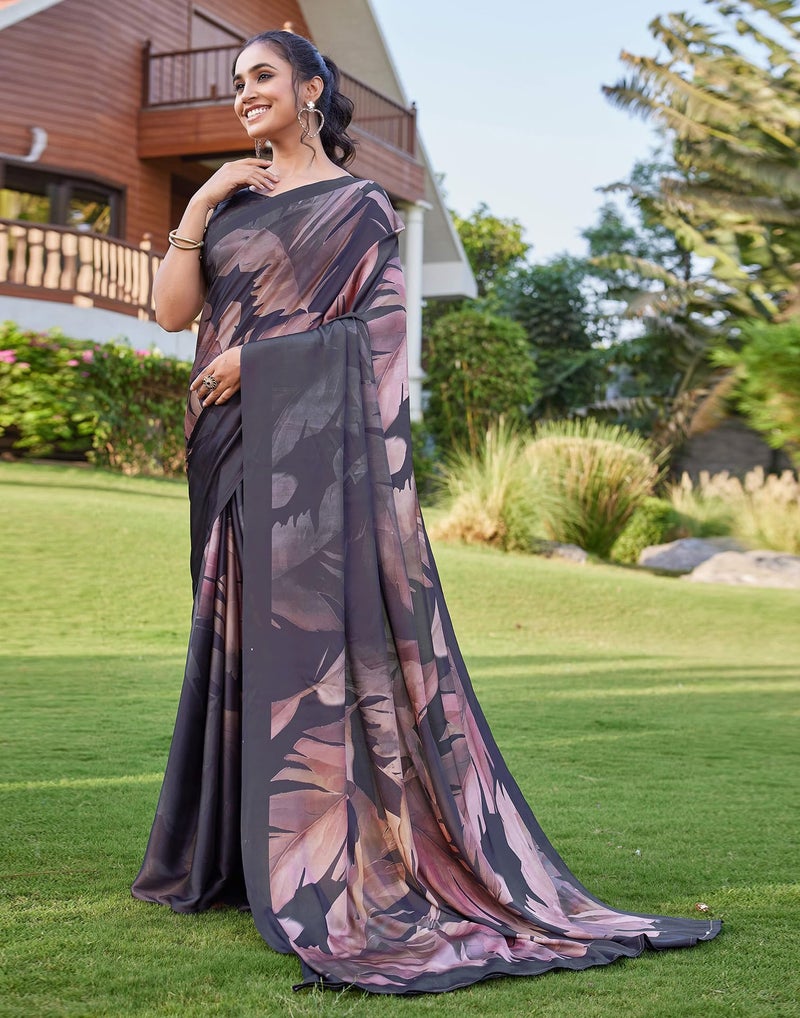 SIRIL Women's Satin Printed Saree With Unstitched Blouse Piece (4350S1027_Black & Brown) - Image 2